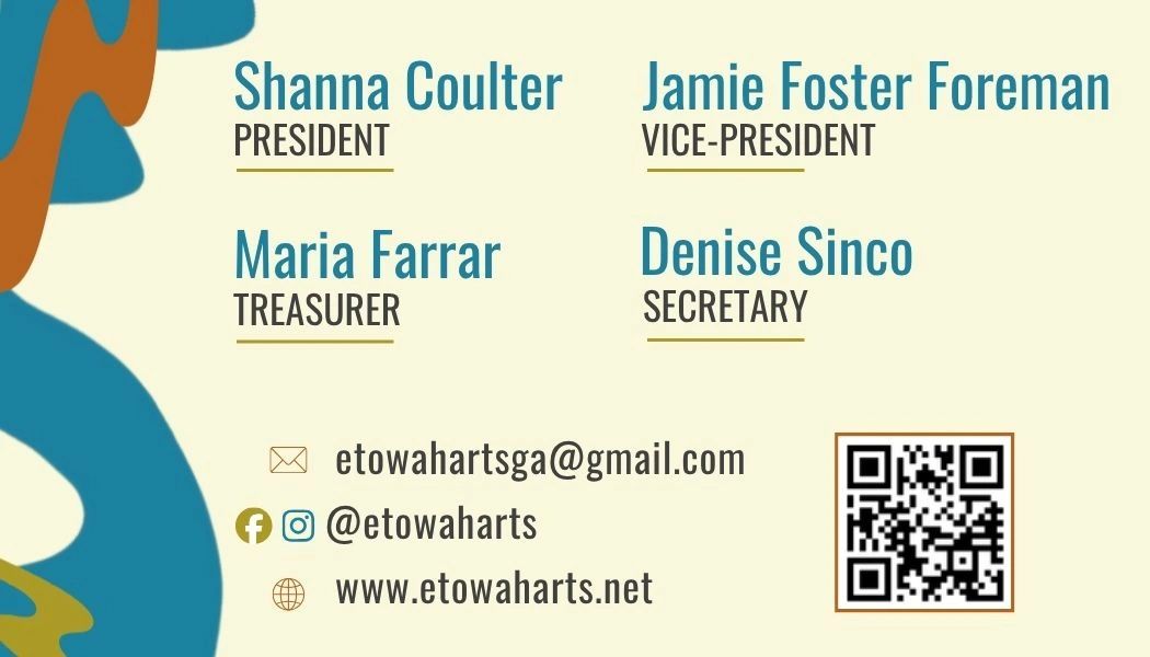 Etowah Arts board card listing Shanna Coulter, Jamie Foster Foreman, Maria Farrar, and Denise Sinco